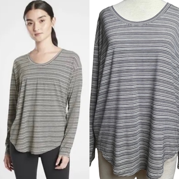 Athleta Women’s Cloudlight Stratus Black/Ivory Striped Top Scoop Neck LS Sz M - Picture 2 of 14